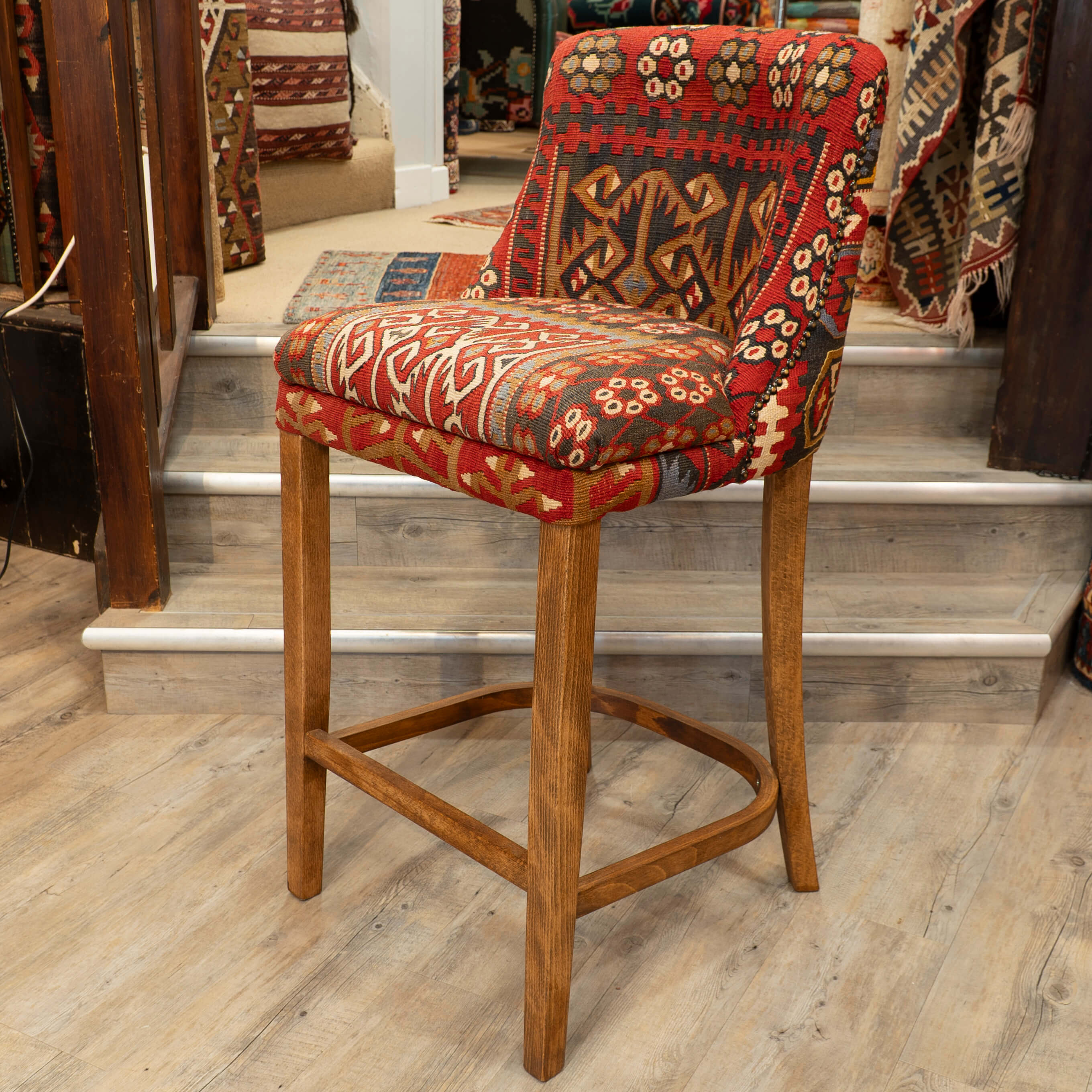 unique Turkish kilim covered bar stool, hand waxed medium oak