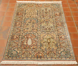 Six boxes contain six different tree design s using a palette of soft oranges, greens, blues and creams predominantly.  There is a border using smaller boxes again using tree based decoration.  These are laid out symmetrically around the edge. 